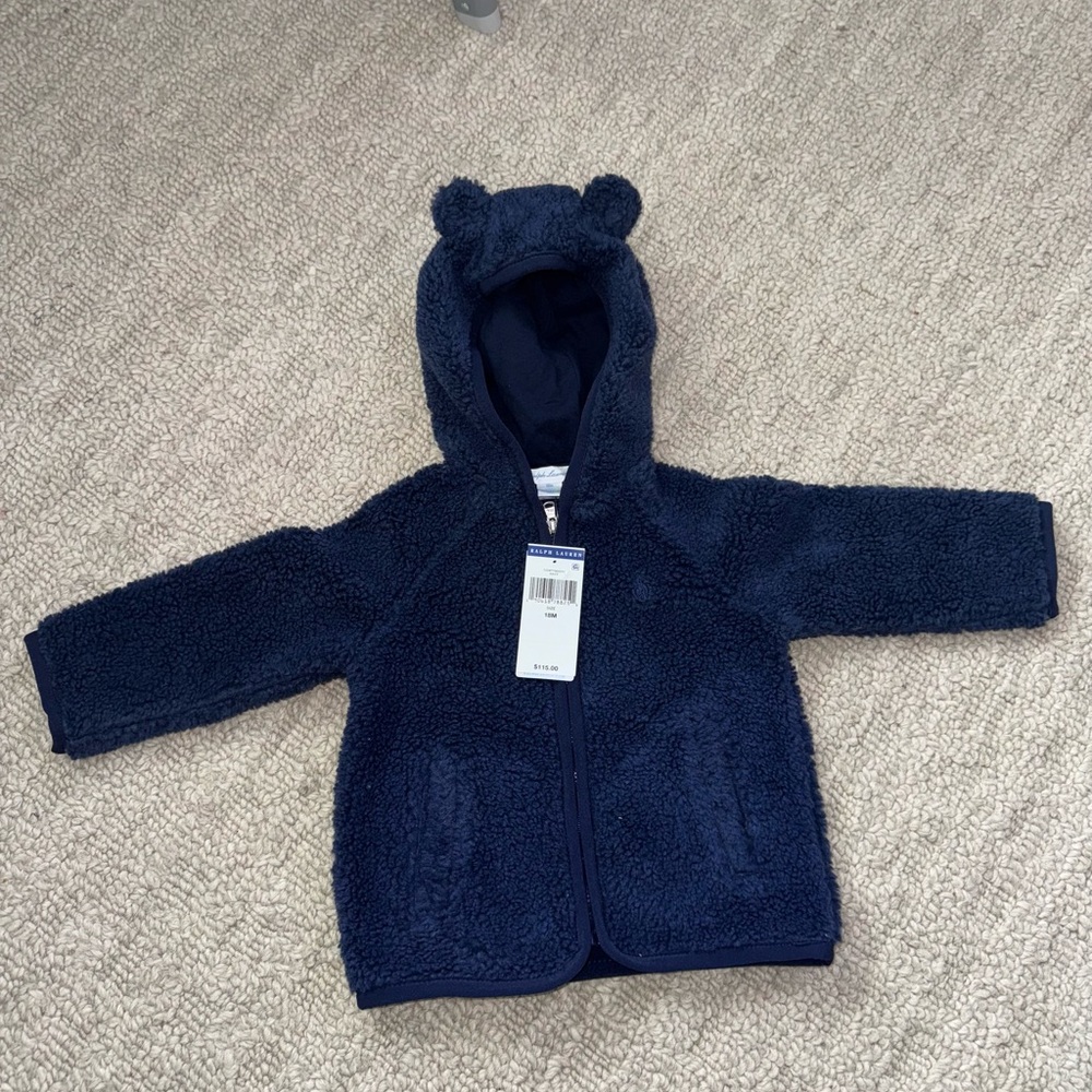 Ralph Lauren Navy Blue Fleece Baby Jacket with Bear Ears